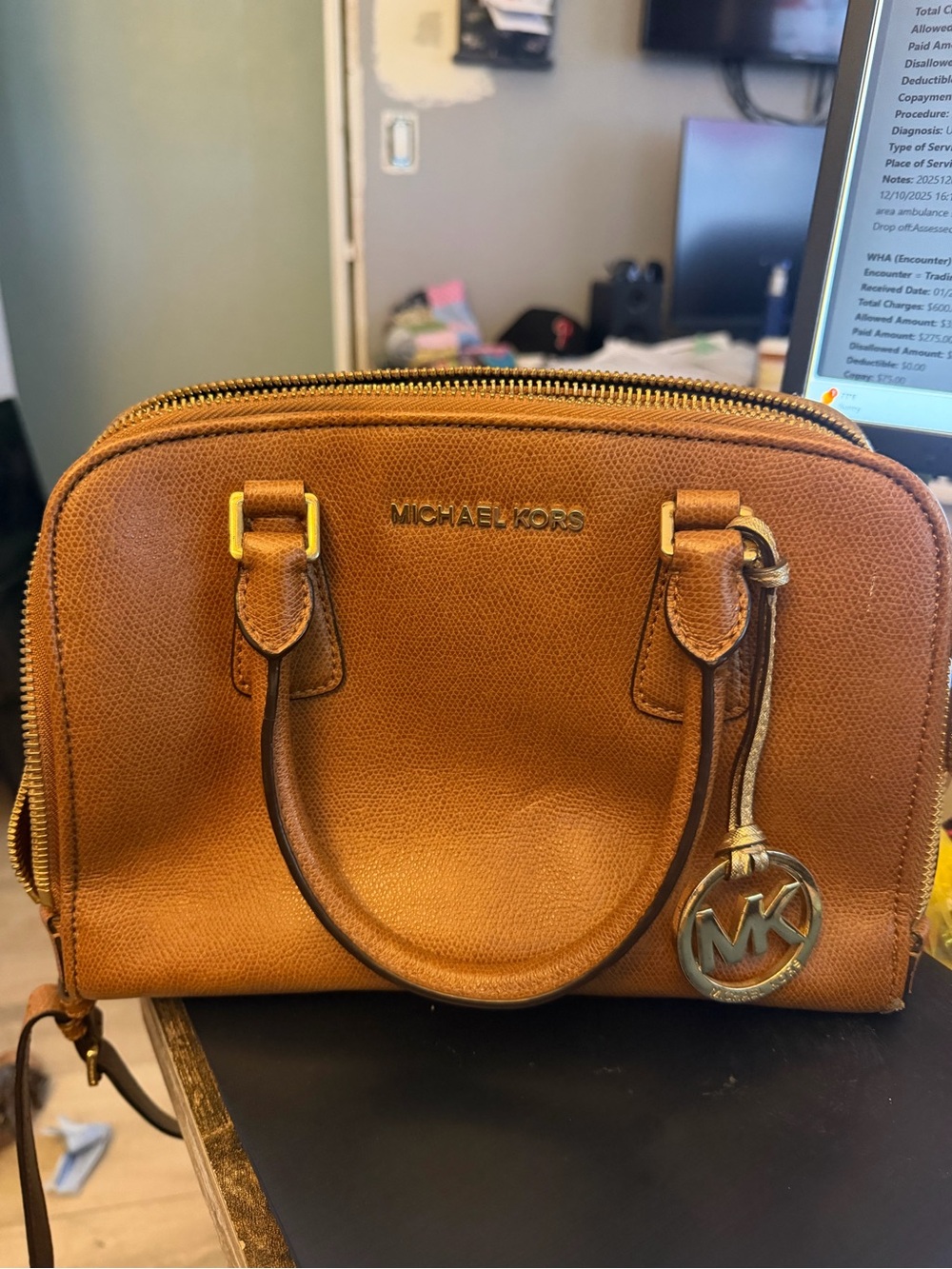 Michael Kors Cognac Leather Dome Satchel with Gold Hardware